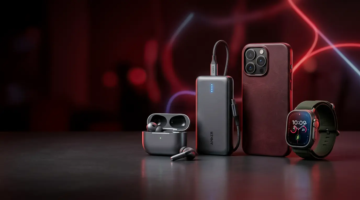 mobile accessories including power bank, charging cable and earphones