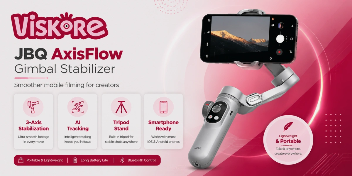 JBQ AxisFlow Gimbal Stabilizer Tripod for Smartphones with AI Tracking, 3-Axis Stabilization & Tripod Stand, Grey
