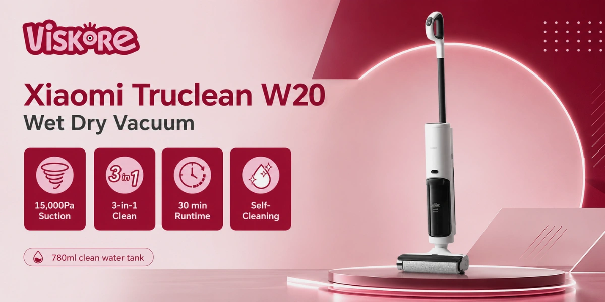 Xiaomi Truclean W20 Wet Dry Vacuum, GCC Version, 15,000Pa Suction, 500rpm Brush Roller, 30min Runtime, 780ml Clean Water Tank, 550ml Dirty Water Tank, 3 in 1 Wet and Dry Floor Cleaner for Home Use