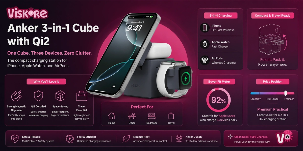 Anker 3-in-1 Wireless Charging Cube with MagSafe Y1811, 15W Foldable Magnetic Charger for iPhone, Apple Watch and AirPods, USB-C PD, Compact Travel and Desk Charging Station