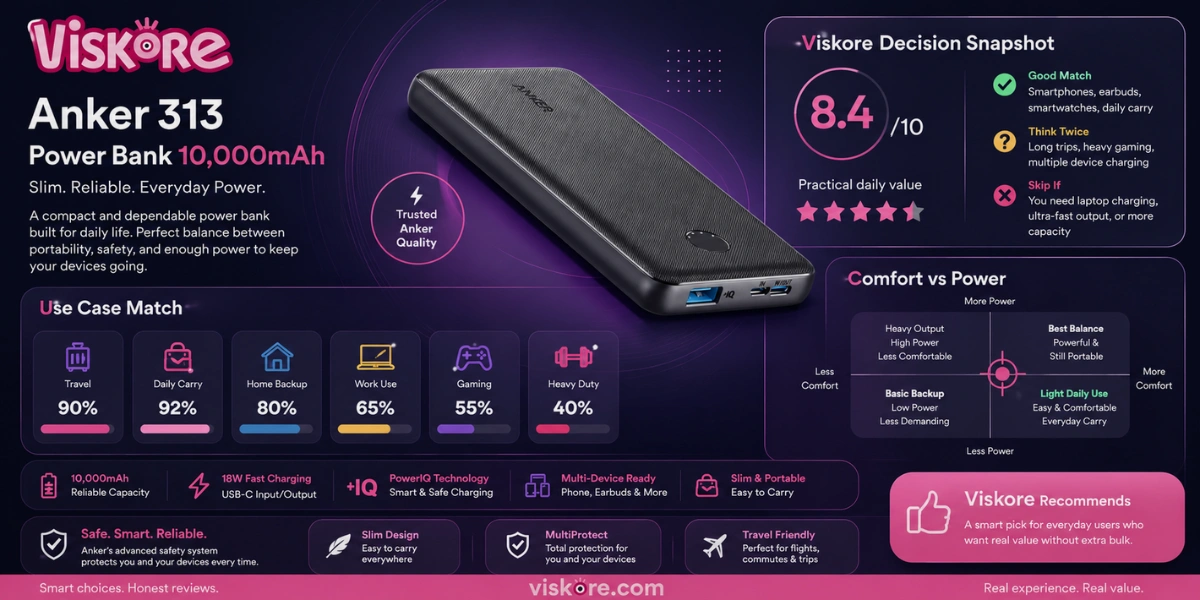 Anker 313 Power Bank 10,000mAh Portable Charger, USB-C Input, Dual USB Output, Compact Battery Pack for Travel, Daily Charging, GCC Version
