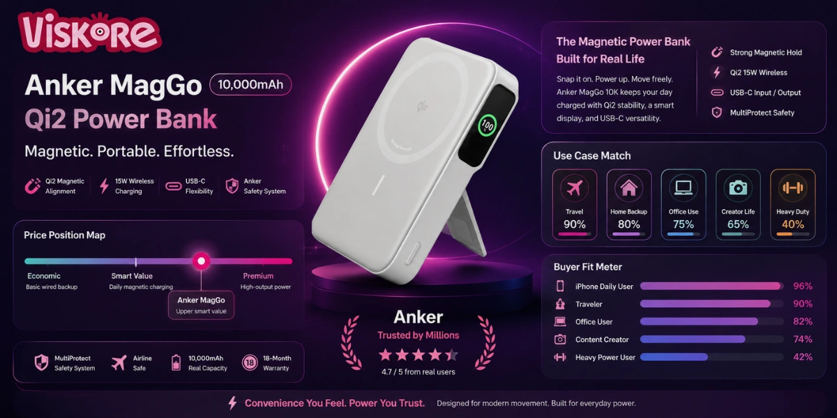 Anker MagGo 10,000mAh Qi2 Certified MagSafe-Compatible Power Bank, 15W Wireless Charging, USB-C Fast Charging, Portable Magnetic Battery Pack for Travel and Daily iPhone Charging