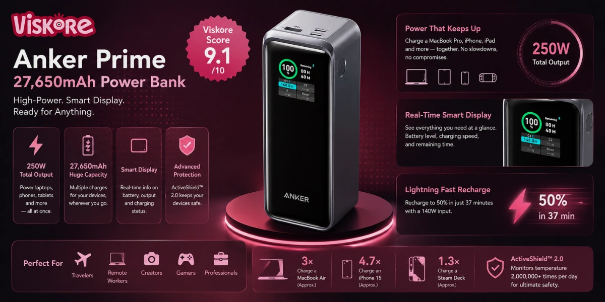Anker Prime 27,650mAh Power Bank A1340, 250W PD 3.1 Portable Charger with Dual USB-C and USB-A Ports, 170W Fast Recharge, Smart App Control, TSA-Compliant Battery Pack for Travel, MacBook Pro, Laptop, Tablet, and Phone Charging