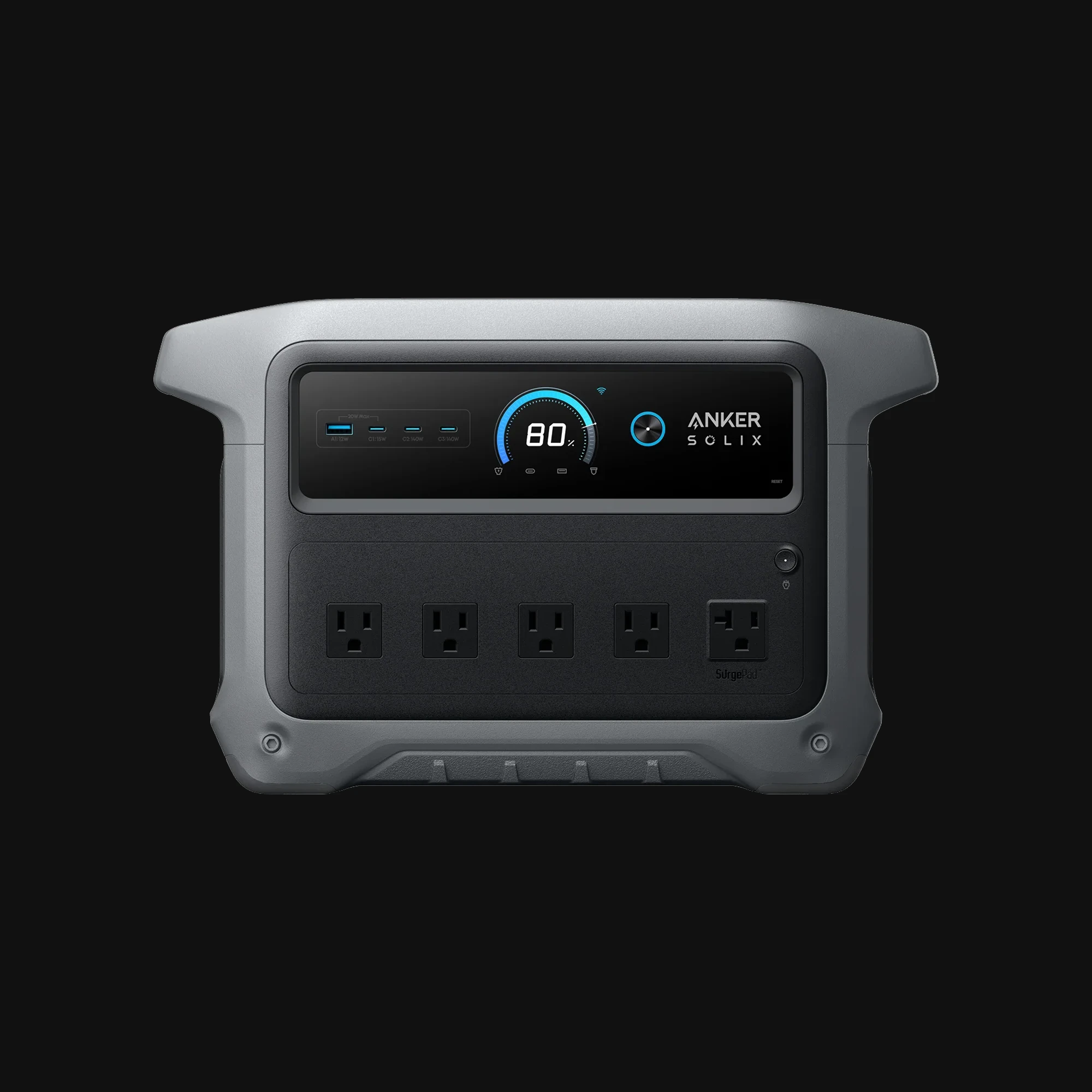 front view of Anker SOLIX C1000 Portable Power Station, 1056Wh Capacity, 2000W Output, LiFePO4 Battery