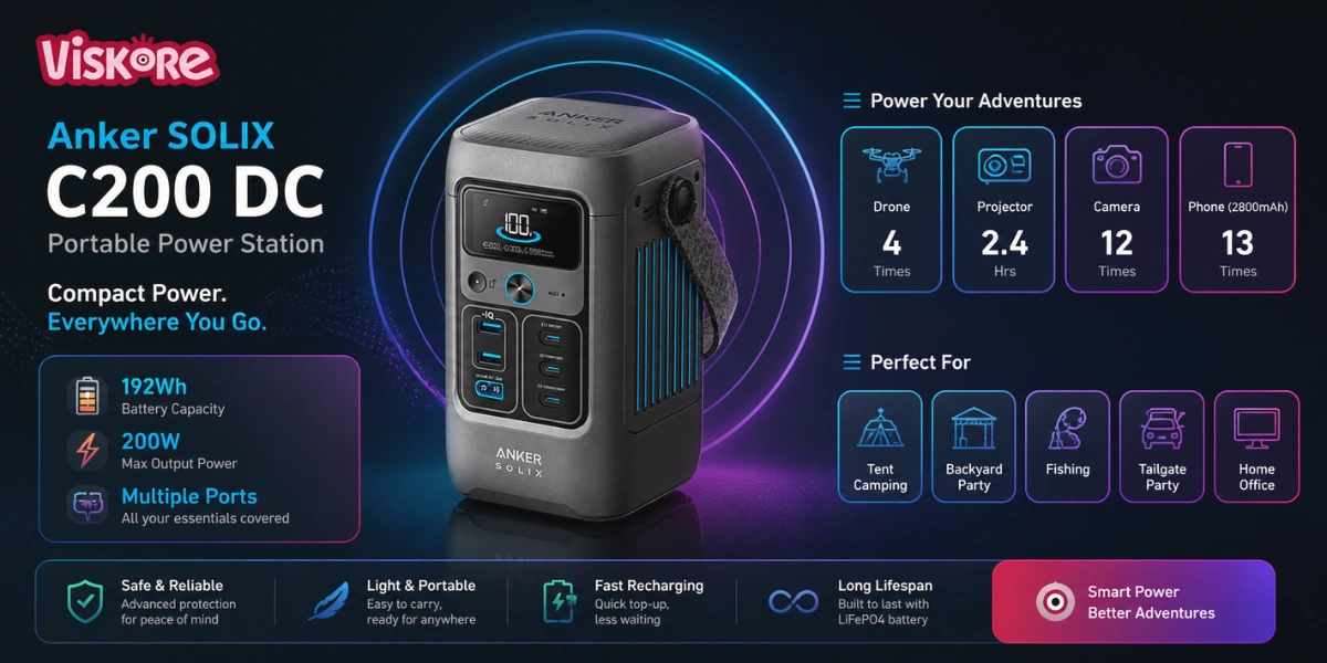 Anker SOLIX C200 DC Portable Power Station 192Wh 200W Compact Battery Generator for Travel and Small Device Charging