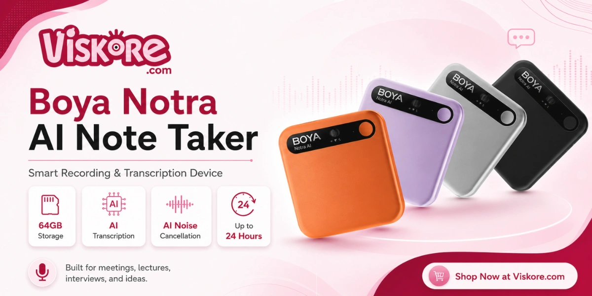BOYA Notra AI Note Taker, Smart Recording and Transcription Device, 64GB Local Storage, AI Noise Cancellation, 10m Pickup Range, Up to 24 Hours Recording, for Meetings, Phone Calls and Bluetooth Earbud Conversations