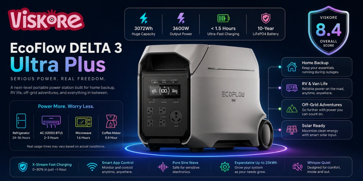 EcoFlow DELTA 3 Ultra Plus Portable Power Station, 3072Wh LiFePO4 Battery, 3600W AC Output, 7200W Surge Power, Expandable 3–11kWh Capacity, 48-Min Fast Charging, Home Backup Power, RV Travel and Off-Grid Camping