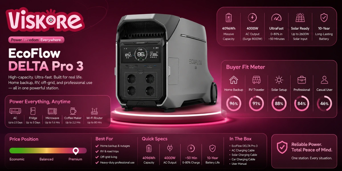 EcoFlow DELTA Pro 3 Portable Power Station, 4096Wh LiFePO4 Battery, 4000W AC Output, Dual 120V240V Power, 2600W Solar Input, Fast Charging, Home Backup Power, RV Camping and Off-Grid Energy Storage