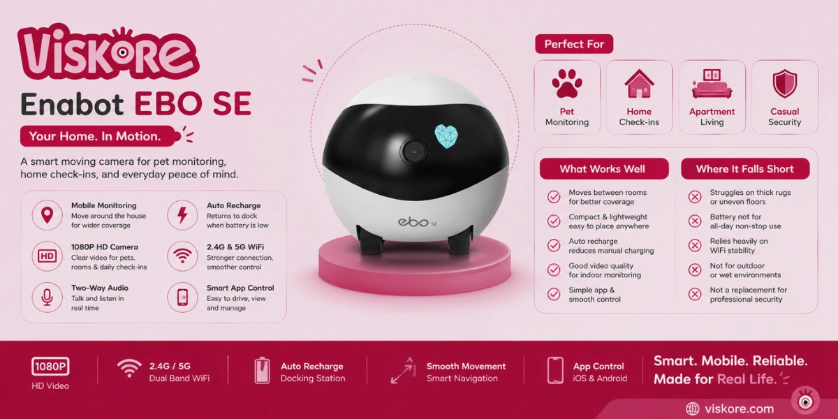 Enabot EBO SE FamilyBot Smart Pet Robotic Camera with Wheels, 1080P Indoor Security Camera, 2500mAh Battery, 4 to 7 Hour Battery Life, 2.4G and 5G WiFi, Auto Recharge, Home Pet Monitoring and Indoor Patrol