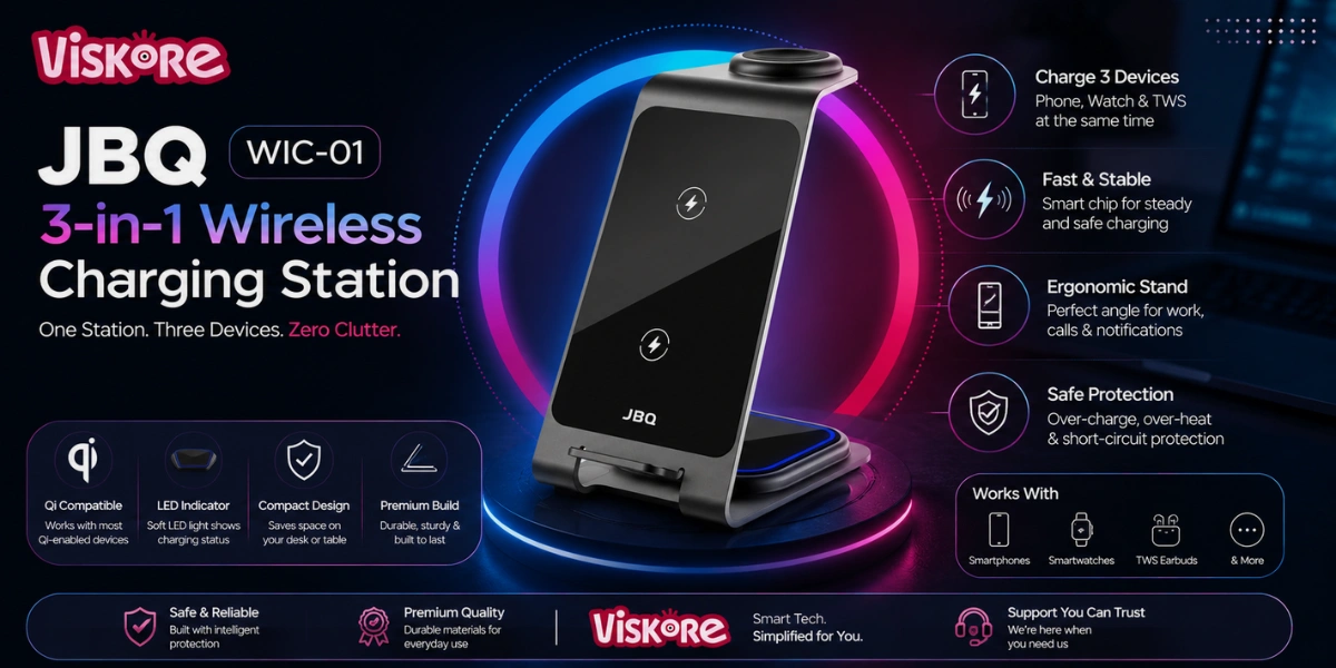 JBQ 3-in-1 Wireless Charging Station WIC-01, Multi-Device Wireless Charger for Phone Earbuds and Smartwatch, Fast Qi Charging Stand, Compact Desktop Charging Dock for Home Office and Travel