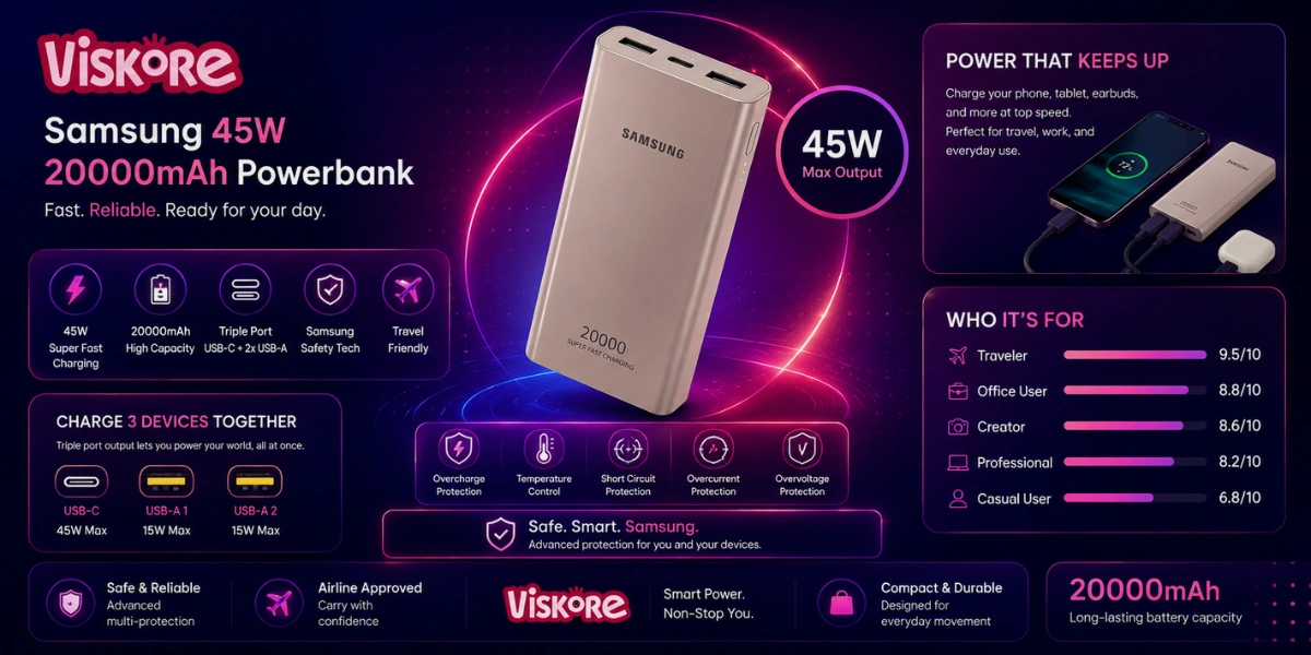 Samsung 45W 20000mAh Battery Pack EB-P4520XUEGWW, Super Fast Charging 2.0 USB-C Power Bank with Triple Port Output, 20000mAh Portable Charger for Travel, Daily Carry, and Mobile Device Backup
