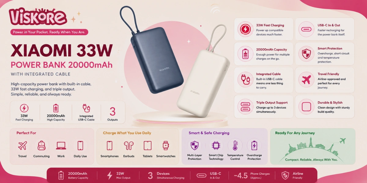 Xiaomi 33W Power Bank 20000mAh With Integrated Cable PB2030MI, USB-C Two-Way Fast Charging, Triple Device Support, Portable Power Bank for Travel, Daily Carry, and Mobile Devices