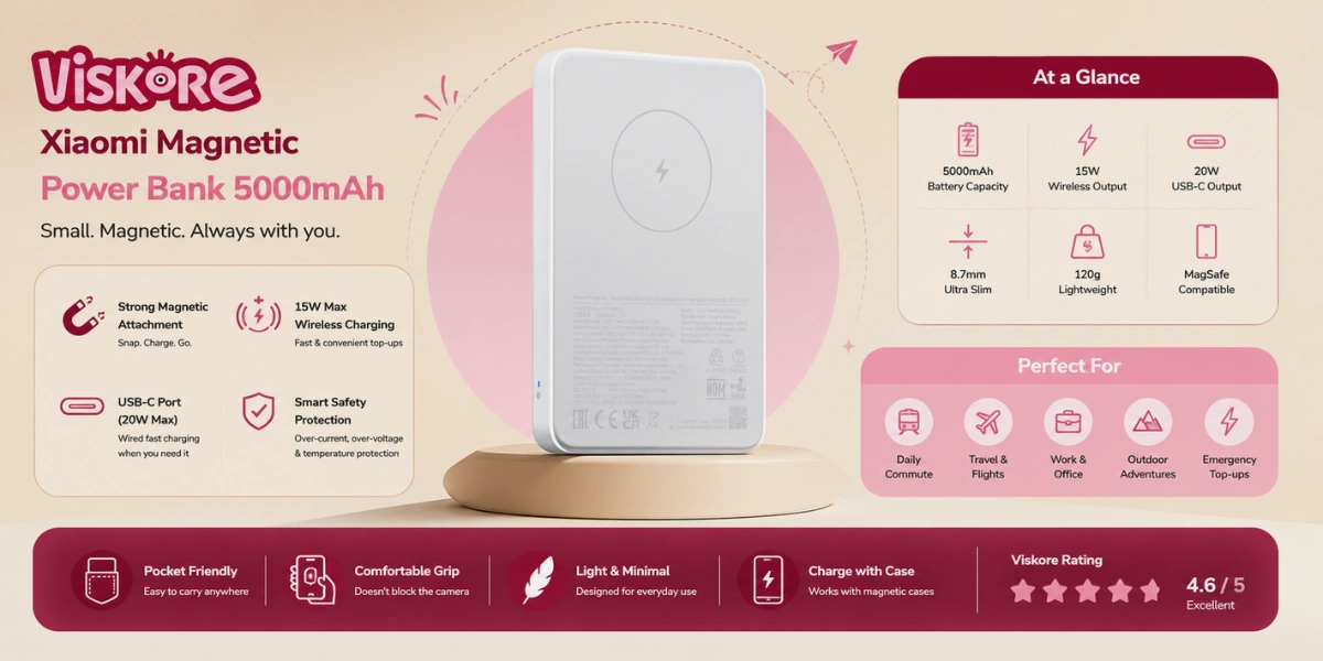 Xiaomi Magnetic Power Bank 5000mAh WPB0507, Magnetic Wireless Charging, USB-C Fast Charging, 7.5W Wireless Output, Compact Portable Power Bank for Travel and Daily Use