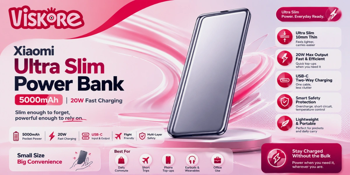 Xiaomi Ultra Slim Power Bank 5000mAh PB0520MI, 20W Fast Charging Portable Power Bank, USB Type-C Two-Way Charging, 10mm Slim Design, 93g Lightweight Battery Pack, Compatible with Smartphones and Earbuds, Travel and Daily Carry
