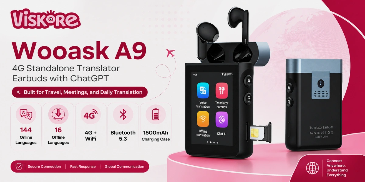 Wooask A9 4G Standalone Translator Earbuds with ChatGPT, 4G and WiFi Connectivity, 144 Online Languages, 16 Offline Languages, Bluetooth 5.3, 16GB Memory, 1500mAh Charging Case, for Travel and Business Conversations